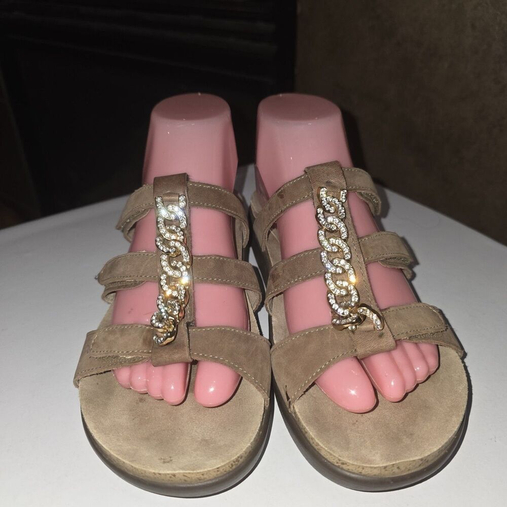 SAS NAPLES Sz 7 Rhinestone Trim Tan Hook/Loop Closure Cushion Walking Sandals - Picture 3 of 9
